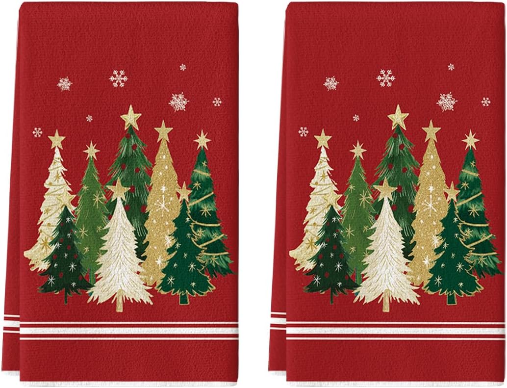 Artoid Mode Red Xmas Tree Star Christmas Kitchen Towels Dish Towels, 18x26 Inch Farmhouse Snowflakes Decoration Cleaning